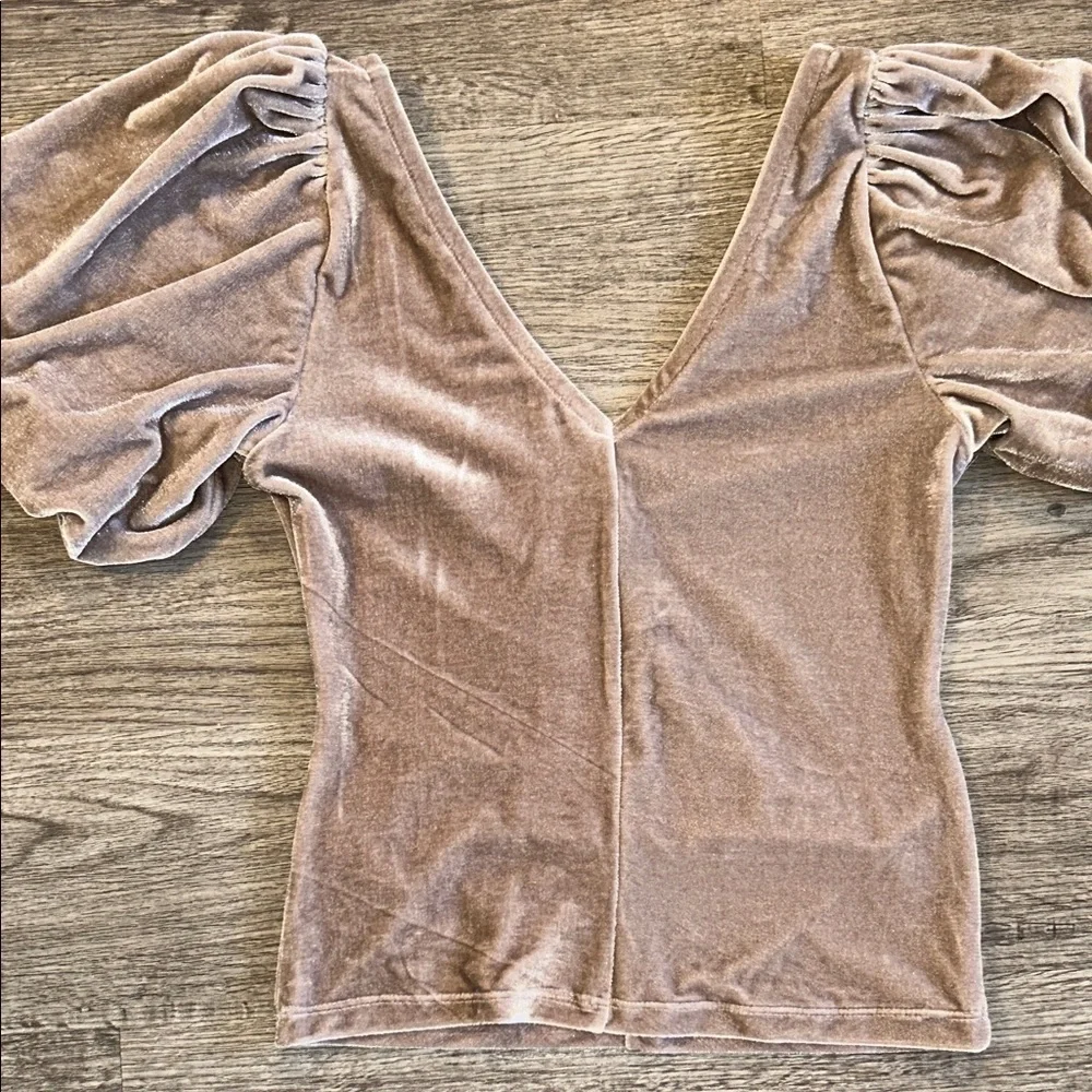 Free People Velvet Puff Sleeve Ruched Top XS Blush Pink Beige V Neck Boho
